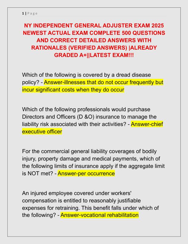 NY INDEPENDENT GENERAL ADJUSTER EXAM 2025 NEWEST ACTUAL EXAM COMPLETE 500 QUESTIONS AND CORRECT DETAILED ANSWERS WITH RATIONALES