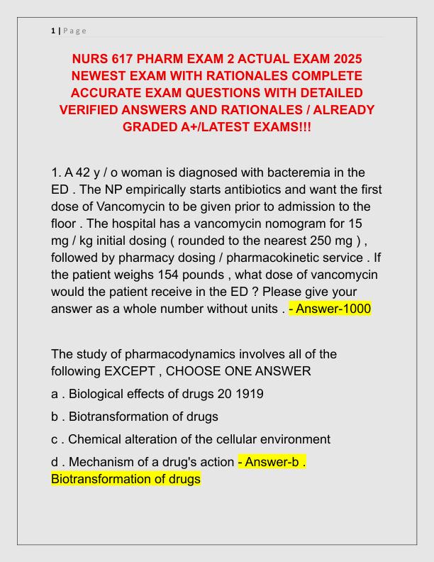 NURS 617 PHARM EXAM 2 ACTUAL EXAM 2025 NEWEST EXAM WITH RATIONALES COMPLETE ACCURATE EXAM QUESTIONS WITH DETAILED VERIFIED ANSWERS AND RATIONALES
