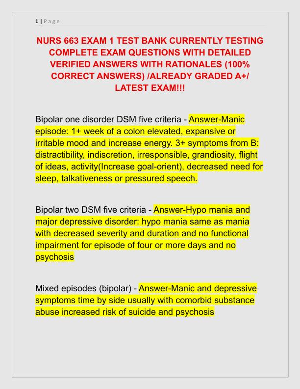 NURS 663 EXAM 1 TEST BANK CURRENTLY TESTING COMPLETE EXAM QUESTIONS WITH DETAILED VERIFIED ANSWERS WITH RATIONALES