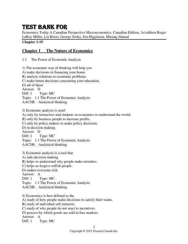 Test Bank For Economics Today A Canadian Perspective Macroeconomics, Canadian Edition, 1st Edition by Roger LeRoy Miller, Lia Rizzo, George Sroka, Jim Higginson, Mustaq Ahmad Chapter 1-19
