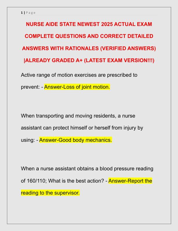 NURSE AIDE STATE NEWEST 2025 ACTUAL EXAM COMPLETE QUESTIONS AND CORRECT DETAILED ANSWERS WITH RATIONALES