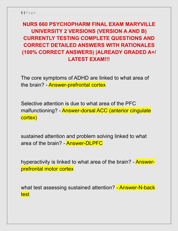NURS 660 PSYCHOPHARM FINAL EXAM MARYVILLE UNIVERSITY 2 VERSIONS