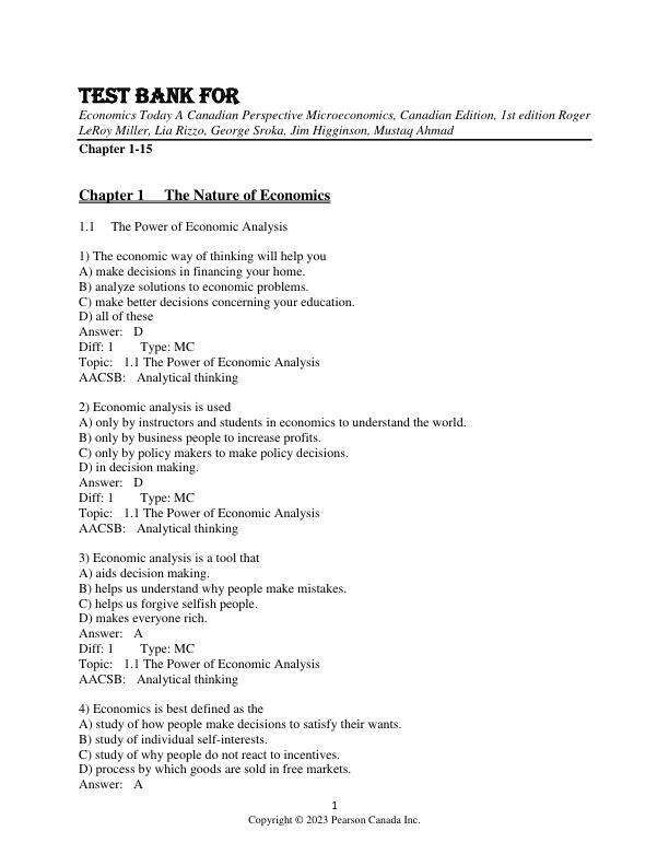Test Bank For Economics Today A Canadian Perspective Microeconomics, Canadian Edition, 1st Edition by Roger LeRoy Miller, Lia Rizzo, George Sroka, Jim Higginson, Mustaq Ahmad Chapter 1-15