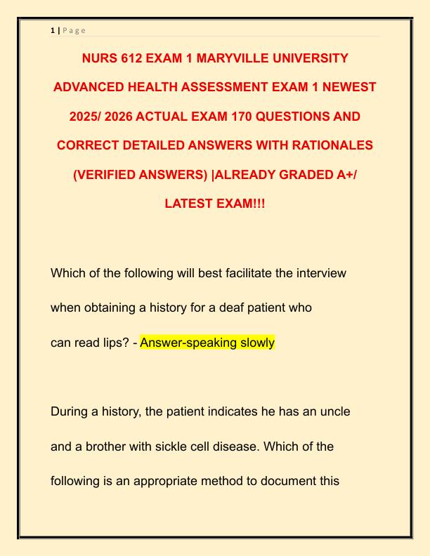 NURS 612 EXAM 1 MARYVILLE UNIVERSITY ADVANCED HEALTH ASSESSMENT EXAM 1 NEWEST 2025