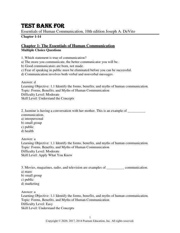 Test Bank For Essentials of Human Communication, 10th Edition by Joseph A. DeVito Chapter 1-14