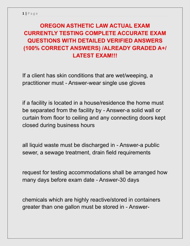 OREGON ASTHETIC LAW ACTUAL EXAM CURRENTLY TESTING COMPLETE ACCURATE EXAM QUESTIONS WITH DETAILED VERIFIED ANSWERS