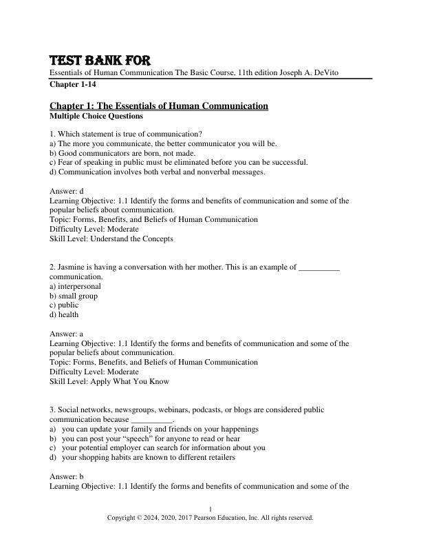 Test Bank For Essentials of Human Communication The Basic Course, 11th Edition by Joseph A. DeVito Chapter 1-14