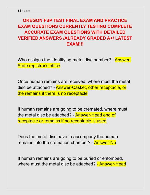 OREGON FSP TEST FINAL EXAM AND PRACTICE EXAM QUESTIONS CURRENTLY TESTING COMPLETE ACCURATE EXAM QUESTIONS WITH DETAILED VERIFIED ANSWERS