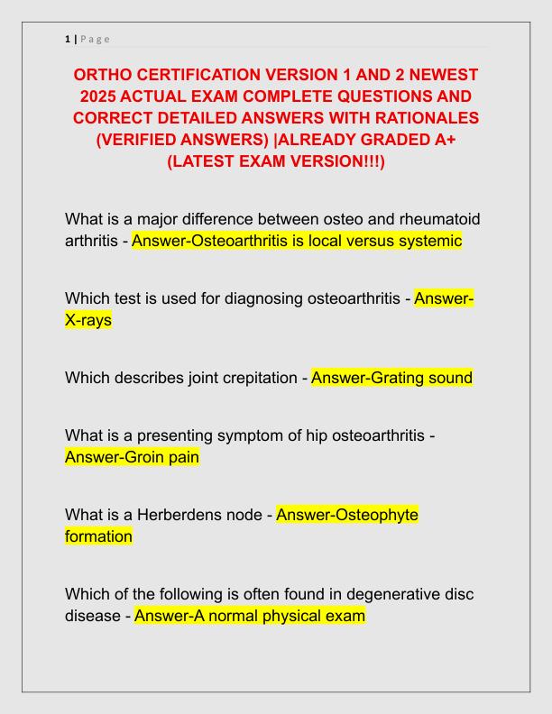 ORTHO CERTIFICATION VERSION 1 AND 2 NEWEST 2025 ACTUAL EXAM COMPLETE QUESTIONS AND CORRECT DETAILED ANSWERS WITH RATIONALES