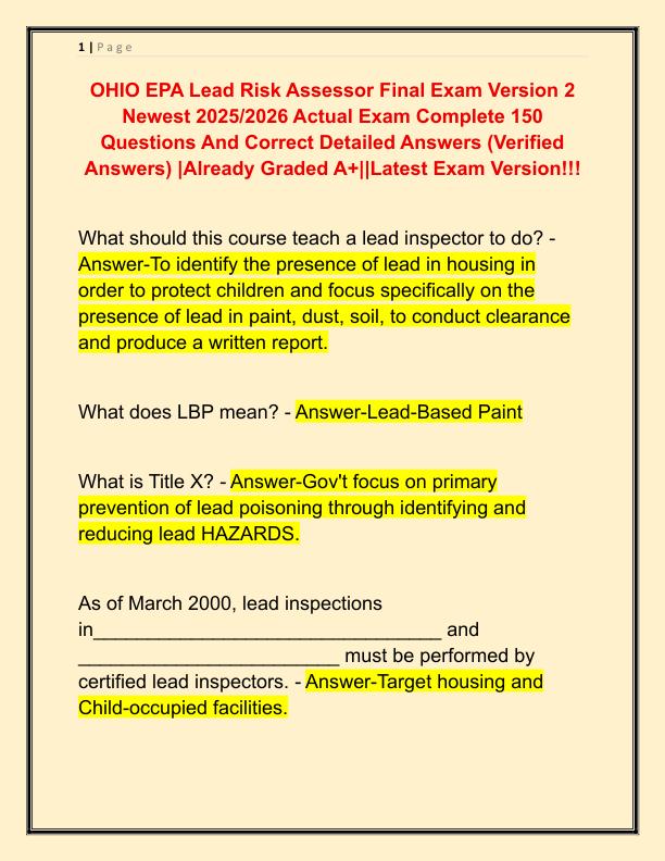 OHIO EPA Lead Risk Assessor Final Exam Version 2 Newest 2025