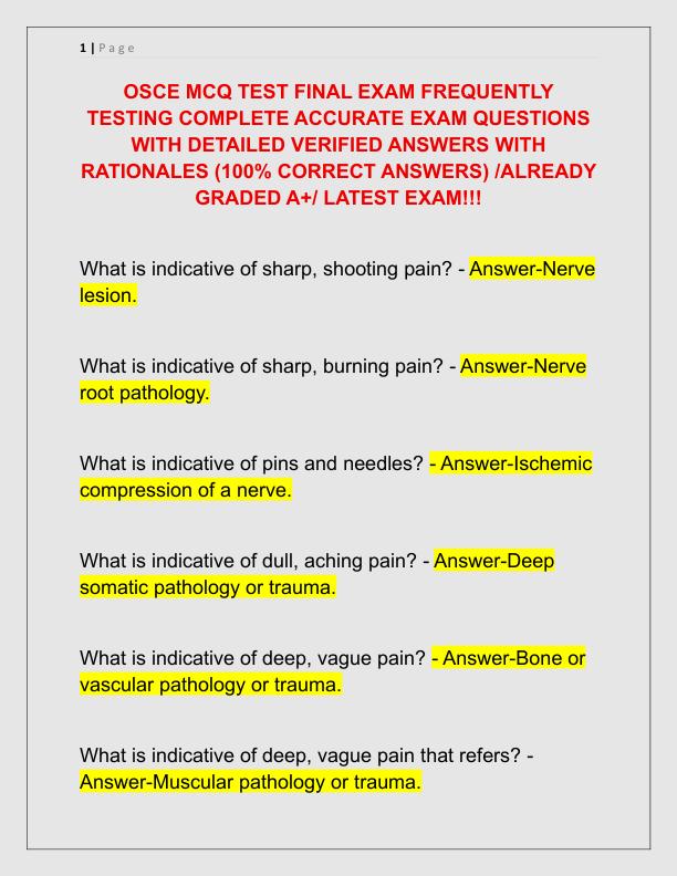 OSCE MCQ TEST FINAL EXAM FREQUENTLY TESTING COMPLETE ACCURATE EXAM QUESTIONS WITH DETAILED VERIFIED ANSWERS WITH RATIONALES