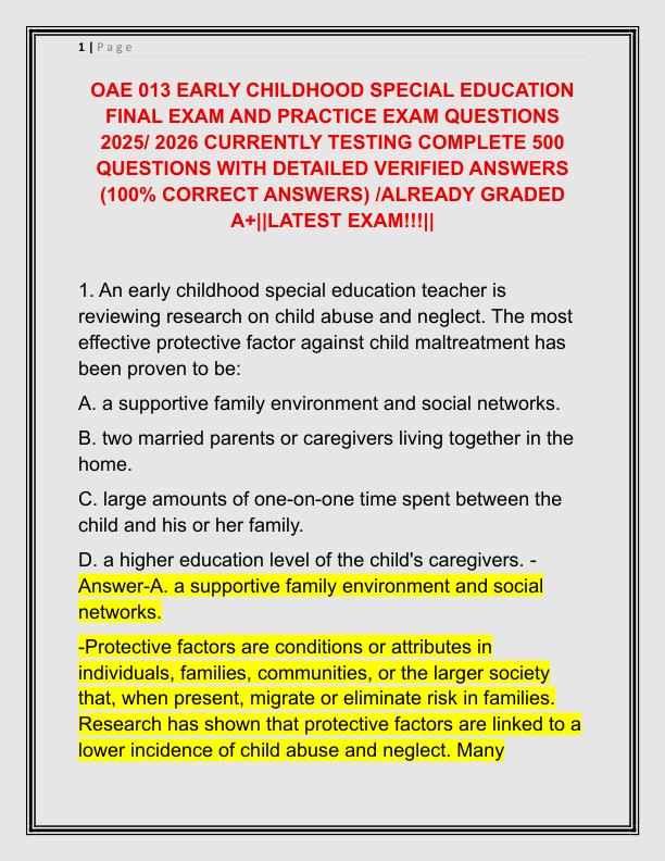 OAE 013 EARLY CHILDHOOD SPECIAL EDUCATION FINAL EXAM AND PRACTICE EXAM QUESTIONS 2025