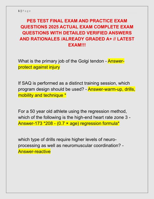 PES TEST FINAL EXAM AND PRACTICE EXAM QUESTIONS 2025 ACTUAL EXAM COMPLETE EXAM QUESTIONS WITH DETAILED VERIFIED ANSWERS AND RATIONALES