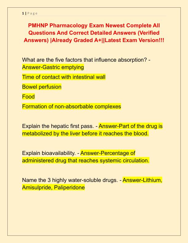 PMHNP Pharmacology Exam Newest Complete All Questions And Correct Detailed Answers