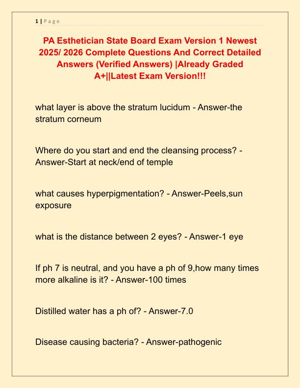 PA Esthetician State Board Exam Version 1 Newest 2025