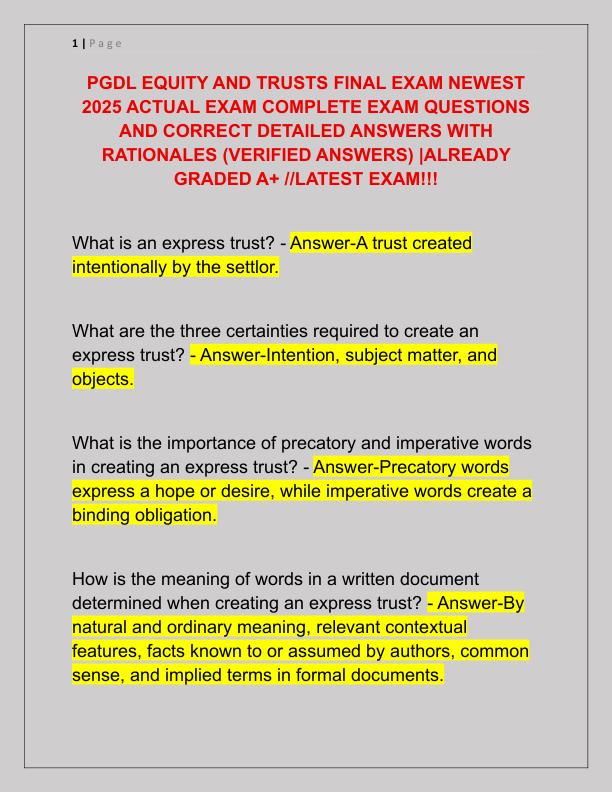 PGDL EQUITY AND TRUSTS FINAL EXAM NEWEST 2025 ACTUAL EXAM COMPLETE EXAM QUESTIONS AND CORRECT DETAILED ANSWERS WITH RATIONALES