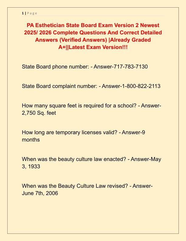 PA Esthetician State Board Exam Version 2 Newest 2025