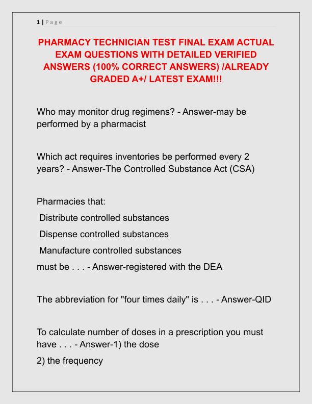 PHARMACY TECHNICIAN TEST FINAL EXAM ACTUAL EXAM QUESTIONS WITH DETAILED VERIFIED ANSWERS