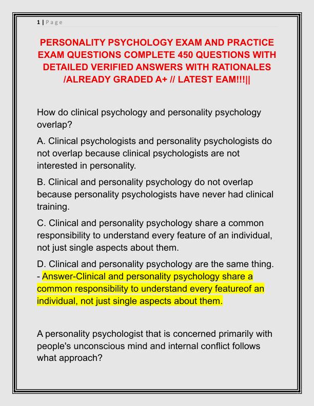 PERSONALITY PSYCHOLOGY EXAM AND PRACTICE EXAM QUESTIONS COMPLETE 450 QUESTIONS WITH DETAILED VERIFIED ANSWERS WITH RATIONALES