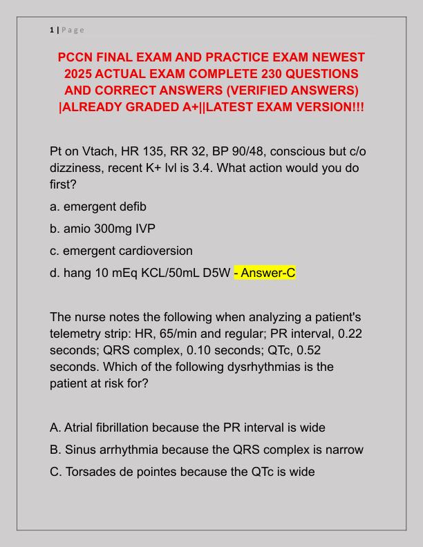 PCCN FINAL EXAM AND PRACTICE EXAM NEWEST 2025 ACTUAL EXAM COMPLETE 230 QUESTIONS AND CORRECT ANSWERS