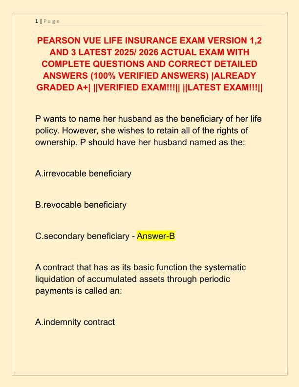 PEARSON VUE LIFE INSURANCE EXAM VERSION 1