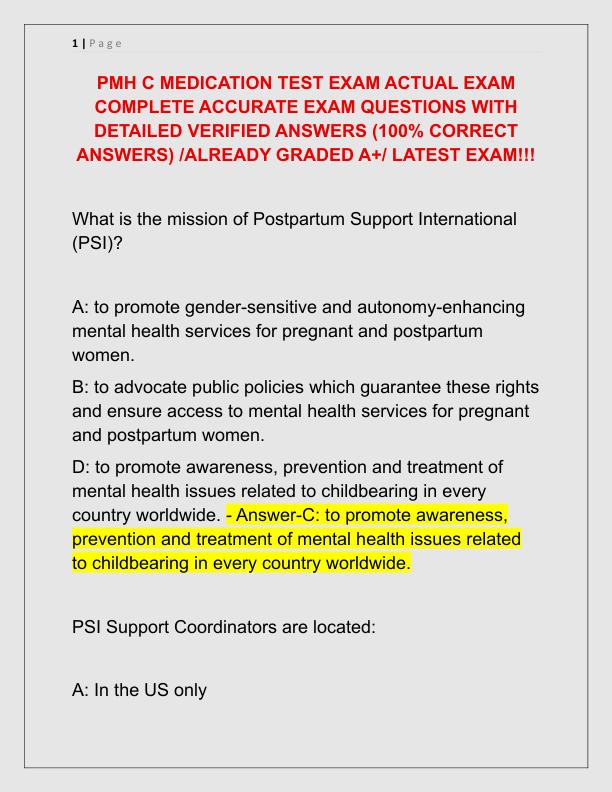 PMH C MEDICATION TEST EXAM ACTUAL EXAM COMPLETE ACCURATE EXAM QUESTIONS WITH DETAILED VERIFIED ANSWERS