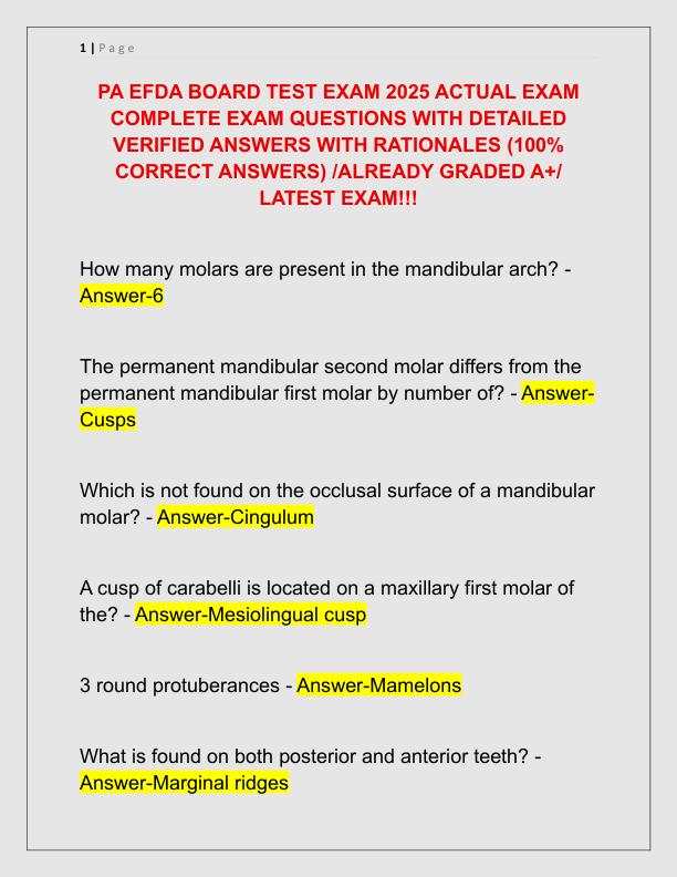 PA EFDA BOARD TEST EXAM 2025 ACTUAL EXAM COMPLETE EXAM QUESTIONS WITH DETAILED VERIFIED ANSWERS WITH RATIONALES