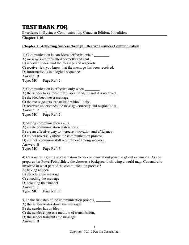 Test Bank For Excellence in Business Communication, Canadian Edition, 6th Edition by John Thill, Courtland Bovee, Wendy Keller, K. M. Moran Chapter 1-16