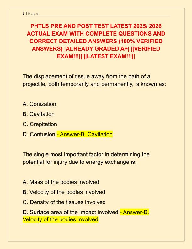 PHTLS PRE AND POST TEST LATEST 2025