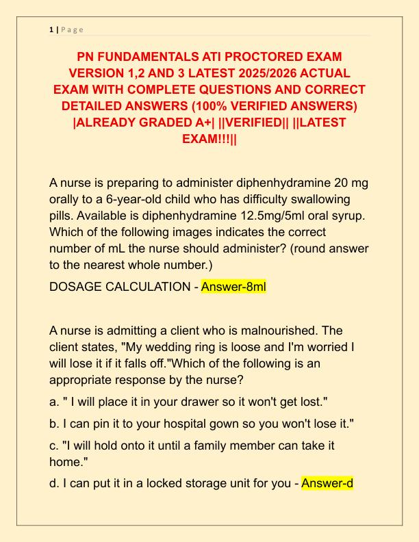 PN FUNDAMENTALS ATI PROCTORED EXAM VERSION 1