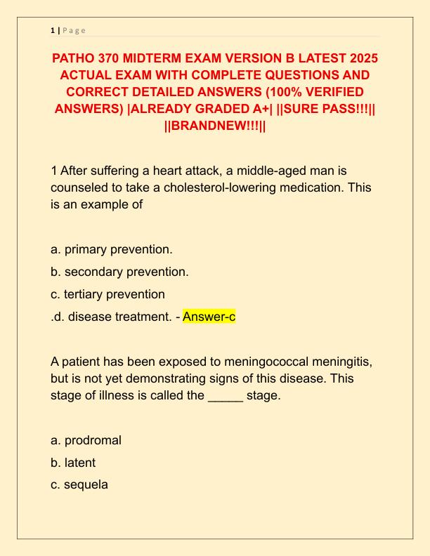 PATHO 370 MIDTERM EXAM VERSION B LATEST 2025 ACTUAL EXAM WITH COMPLETE QUESTIONS AND CORRECT DETAILED ANSWERS