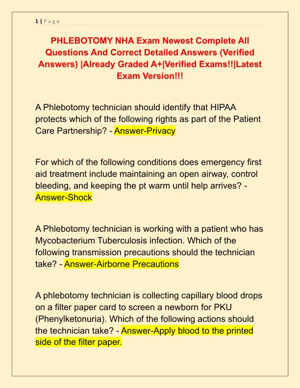 PHLEBOTOMY NHA Exam Newest Complete All Questions And Correct Detailed Answers