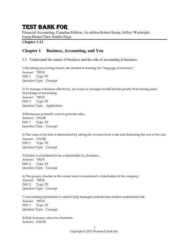 Test Bank For Financial Accounting, Canadian Edition, 1st Edition by Robert Kemp, Jeffrey Waybright, Liang-Hsuan Chen, Sandra Daga Chapter 1-12