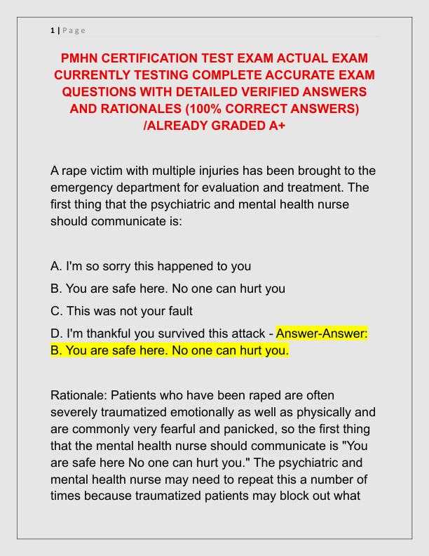 PMHN CERTIFICATION TEST EXAM ACTUAL EXAM CURRENTLY TESTING COMPLETE ACCURATE EXAM QUESTIONS WITH DETAILED VERIFIED ANSWERS AND RATIONALES