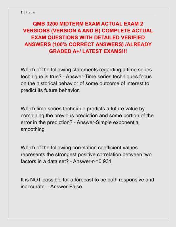 QMB 3200 MIDTERM EXAM ACTUAL EXAM 2 VERSIONS