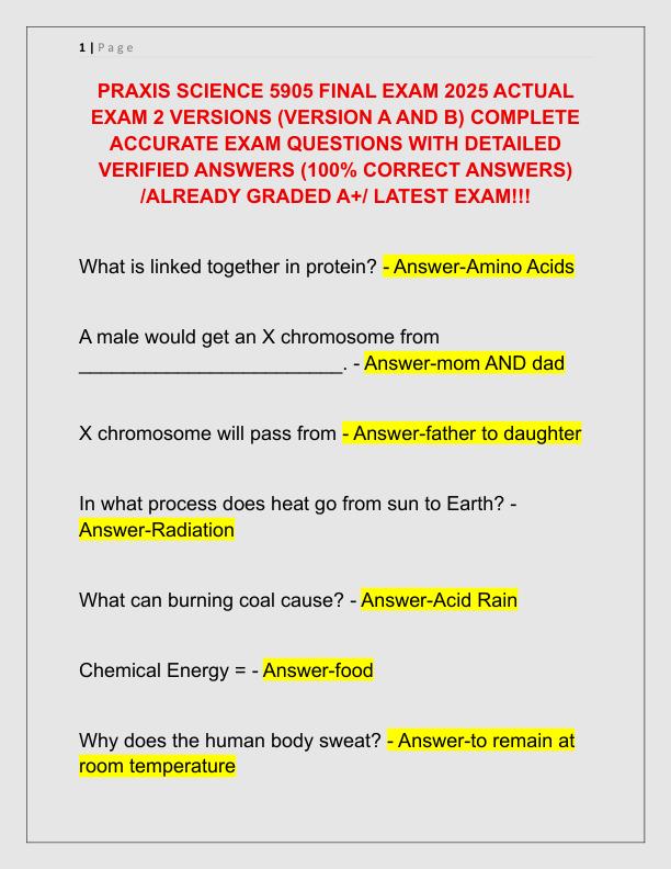 PRAXIS SCIENCE 5905 FINAL EXAM 2025 ACTUAL EXAM 2 VERSIONS