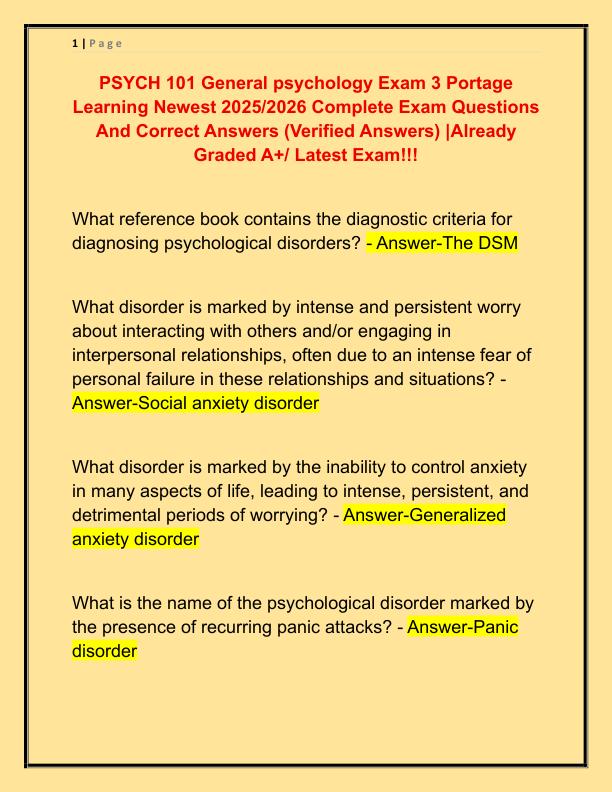 PSYCH 101 General psychology Exam 3 Portage Learning Newest 2025