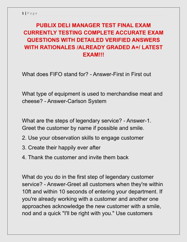 PUBLIX DELI MANAGER TEST FINAL EXAM CURRENTLY TESTING COMPLETE ACCURATE EXAM QUESTIONS WITH DETAILED VERIFIED ANSWERS WITH RATIONALES