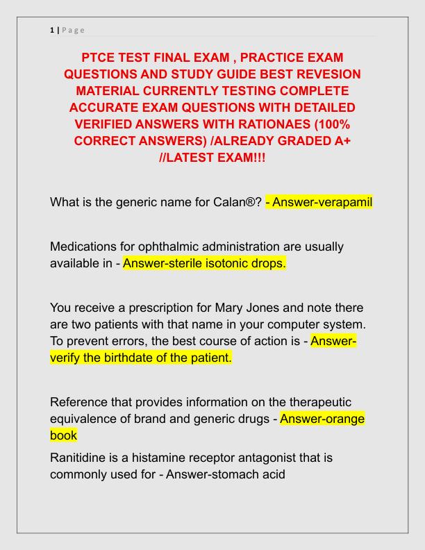 PTCE TEST FINAL EXAM