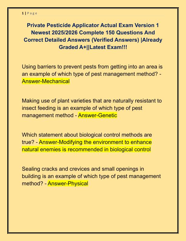 Private Pesticide Applicator Actual Exam Version 1 Newest 2025
