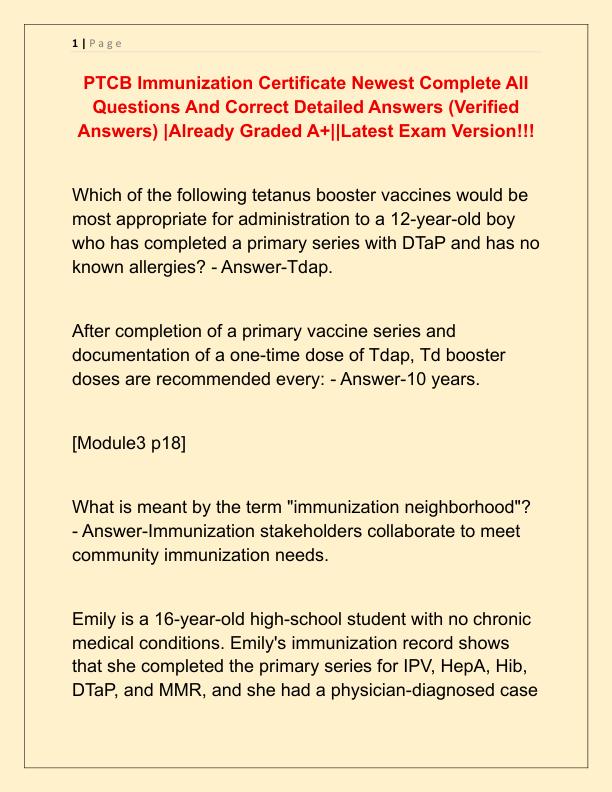 PTCB Immunization Certificate Newest Complete All Questions And Correct Detailed Answers