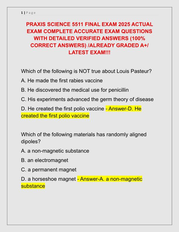 PRAXIS SCIENCE 5511 FINAL EXAM 2025 ACTUAL EXAM COMPLETE ACCURATE EXAM QUESTIONS WITH DETAILED VERIFIED ANSWERS
