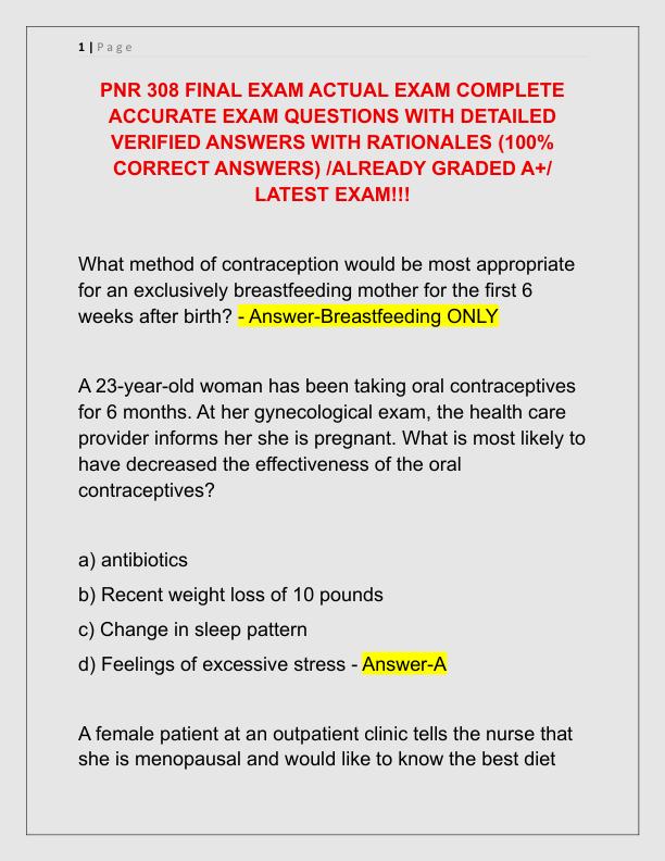 PNR 308 FINAL EXAM ACTUAL EXAM COMPLETE ACCURATE EXAM QUESTIONS WITH DETAILED VERIFIED ANSWERS WITH RATIONALES