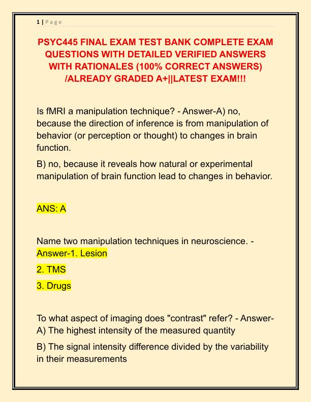 PSYC445 FINAL EXAM TEST BANK COMPLETE EXAM QUESTIONS WITH DETAILED VERIFIED ANSWERS WITH RATIONALES