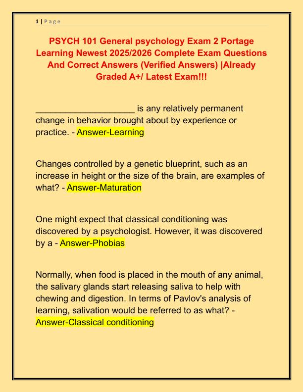 PSYCH 101 General psychology Exam 2 Portage Learning Newest 2025