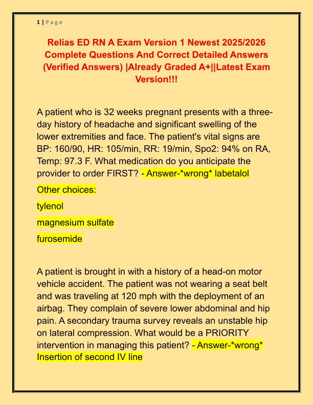 Relias ED RN A Exam Version 1 Newest 2021