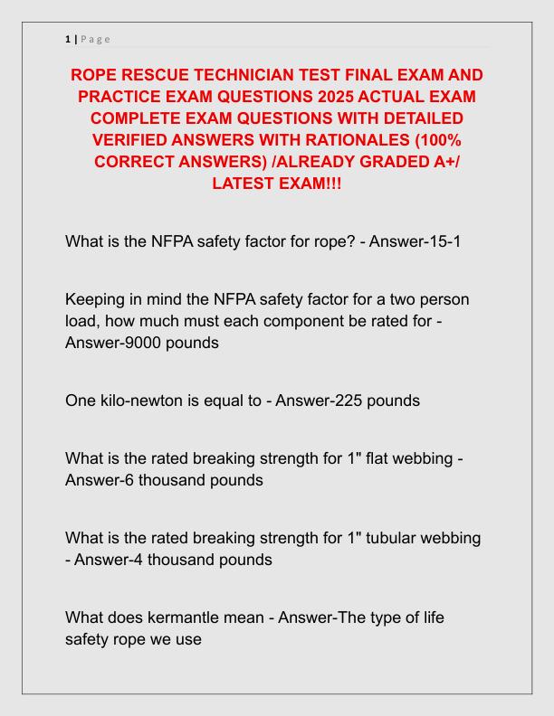 ROPE RESCUE TECHNICIAN TEST FINAL EXAM AND PRACTICE EXAM QUESTIONS 2025 ACTUAL EXAM COMPLETE EXAM QUESTIONS WITH DETAILED VERIFIED ANSWERS WITH RATIONALES