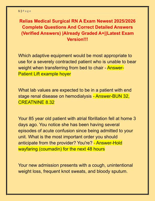 Relias Medical Surgical RN A Exam Newest 2025