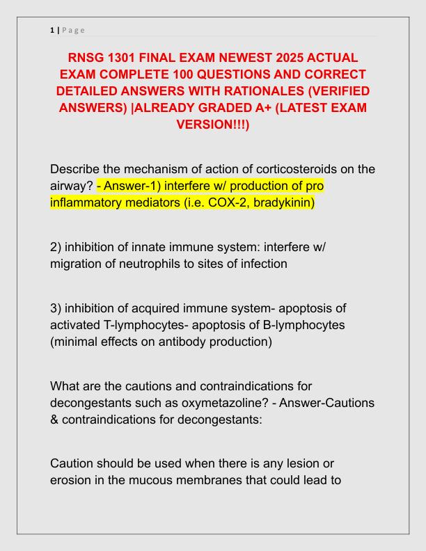 RNSG 1301 FINAL EXAM NEWEST 2025 ACTUAL EXAM COMPLETE 100 QUESTIONS AND CORRECT DETAILED ANSWERS WITH RATIONALES