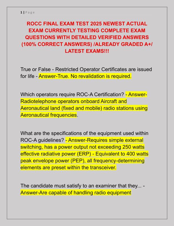 ROCC FINAL EXAM TEST 2025 NEWEST ACTUAL EXAM CURRENTLY TESTING COMPLETE EXAM QUESTIONS WITH DETAILED VERIFIED ANSWERS